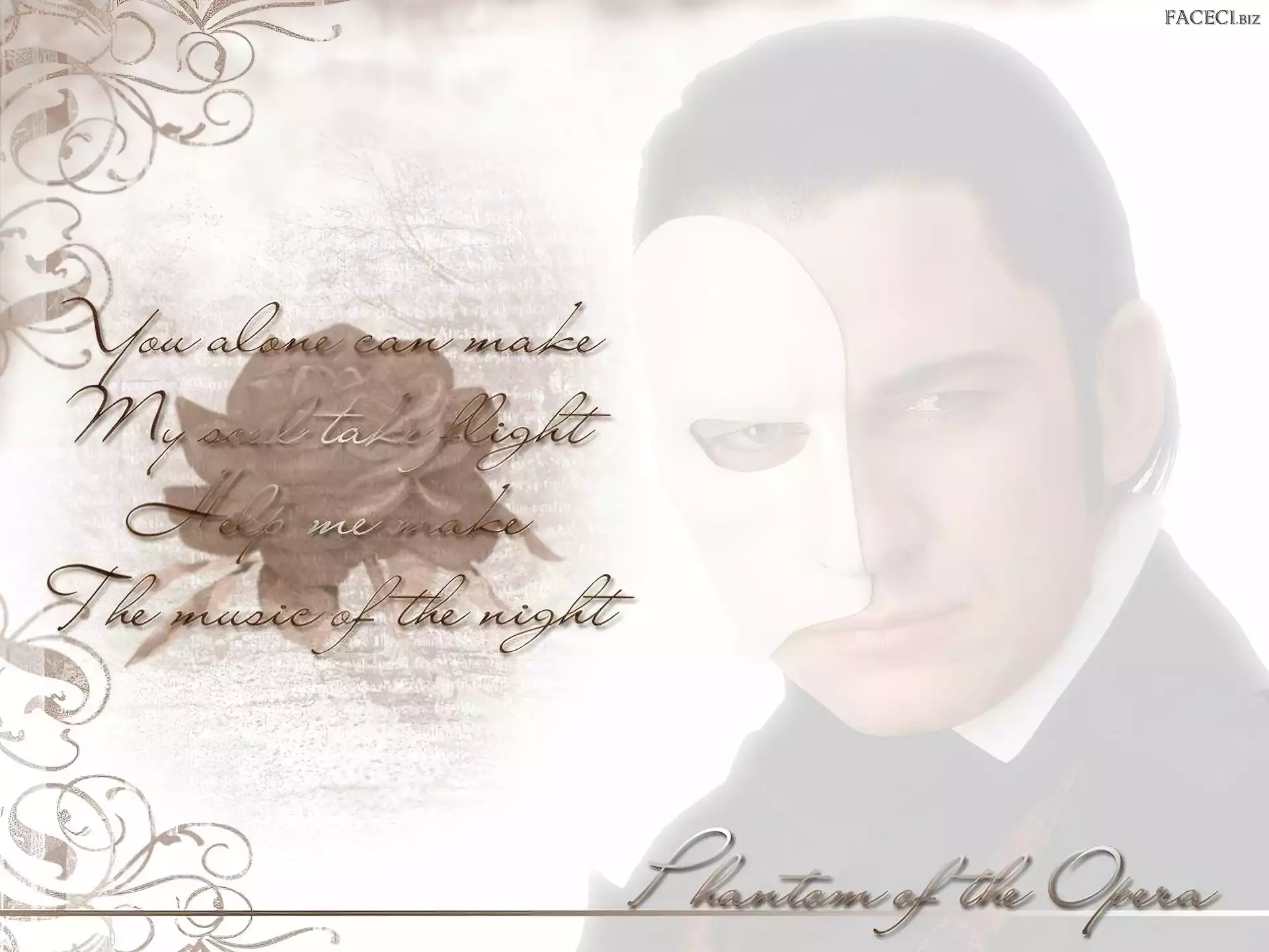 napis, maska, Gerard Butler, Phantom Of The Opera, biała