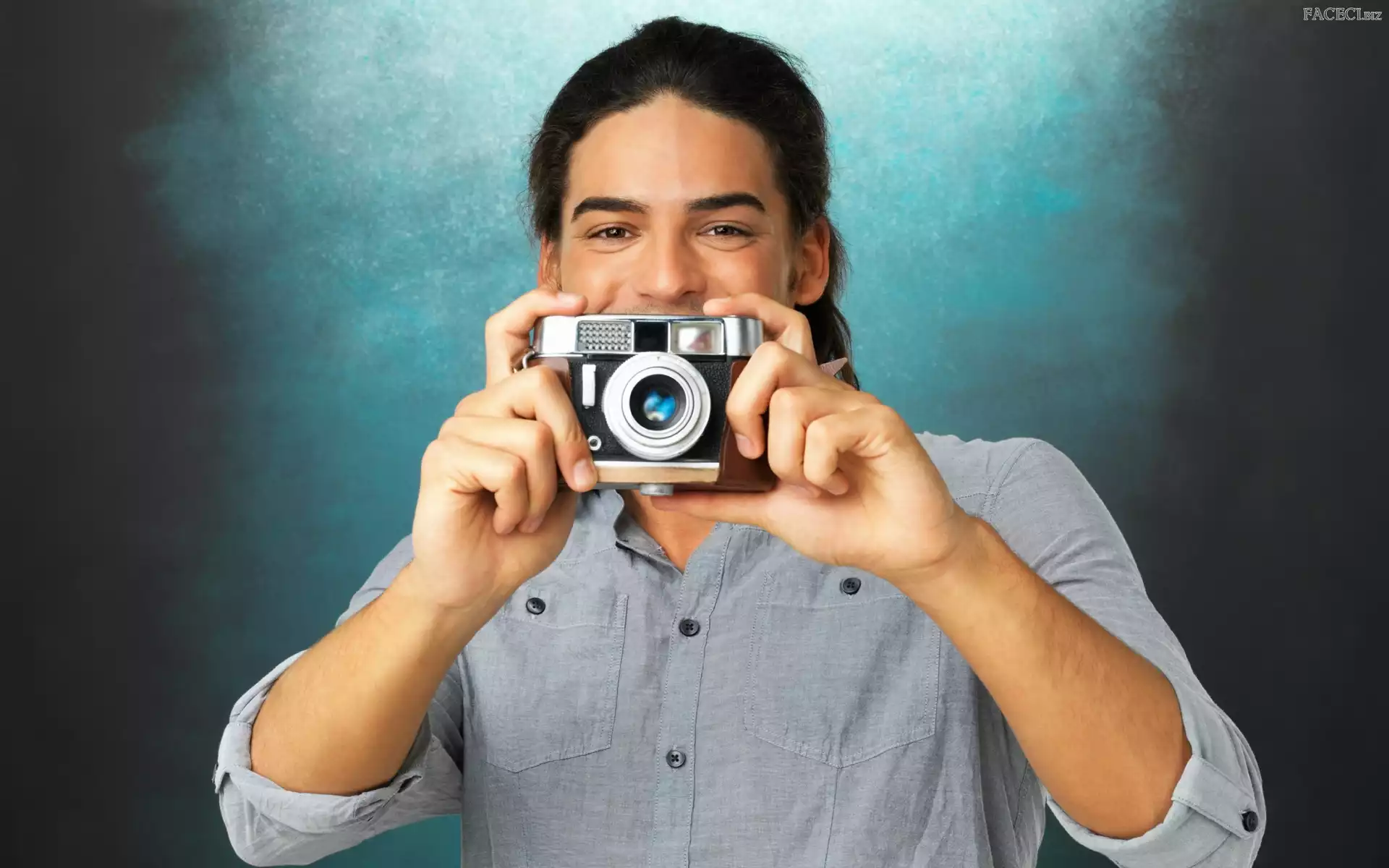 Fotograficzny, Aparat, Model, Mężczyzna, Uśmiechnięty