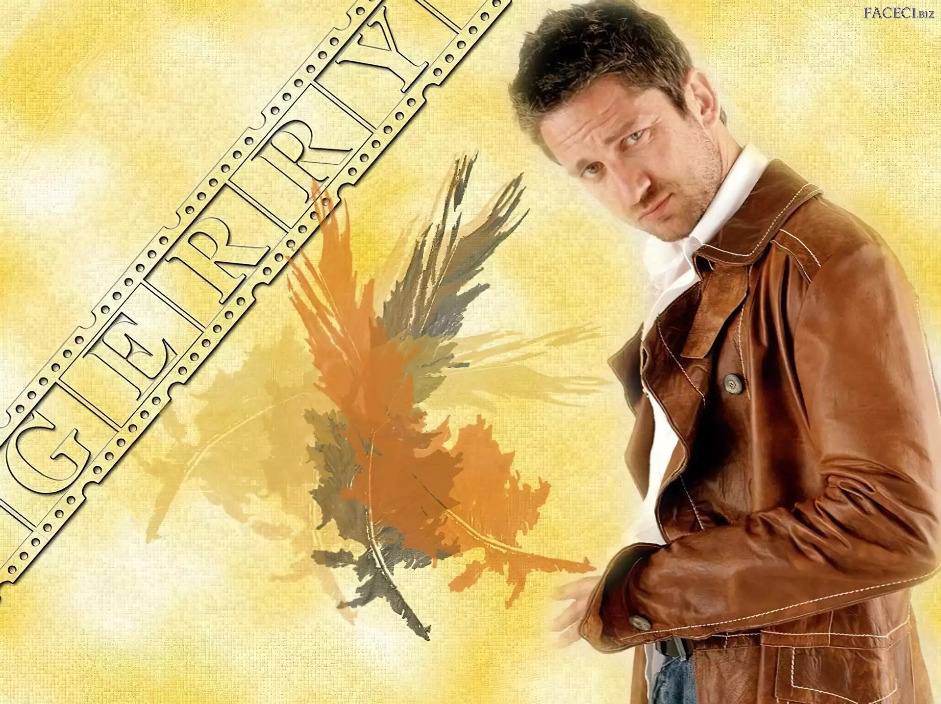 Gerard Butler, brÄ…zowa kurtka