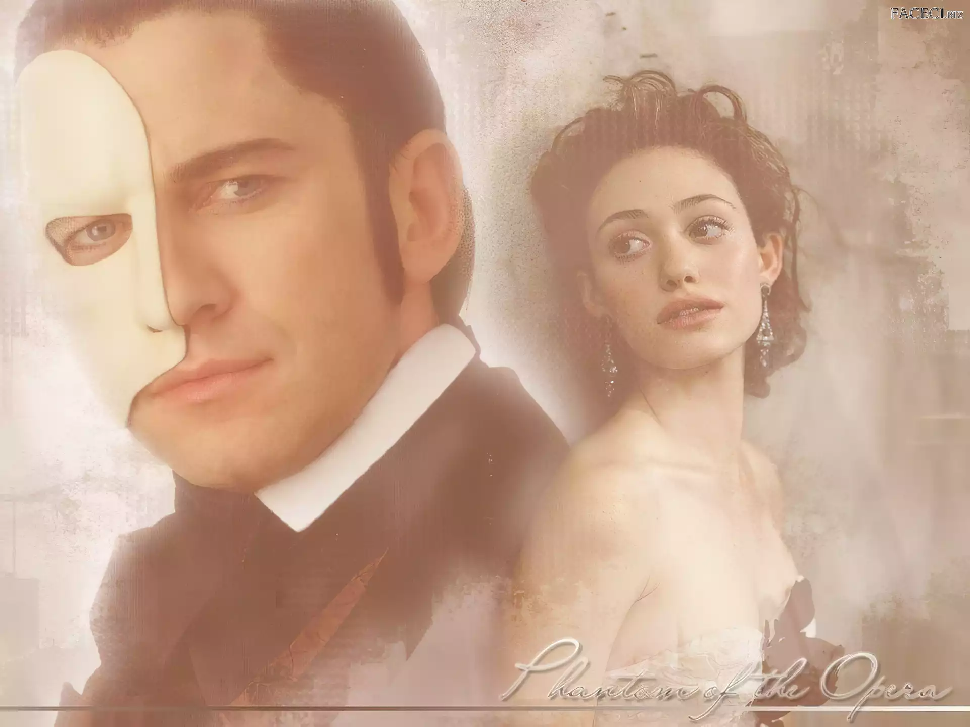 Gerard Butler, kolczyki, maska, Phantom Of The Opera, Emmy Rossum