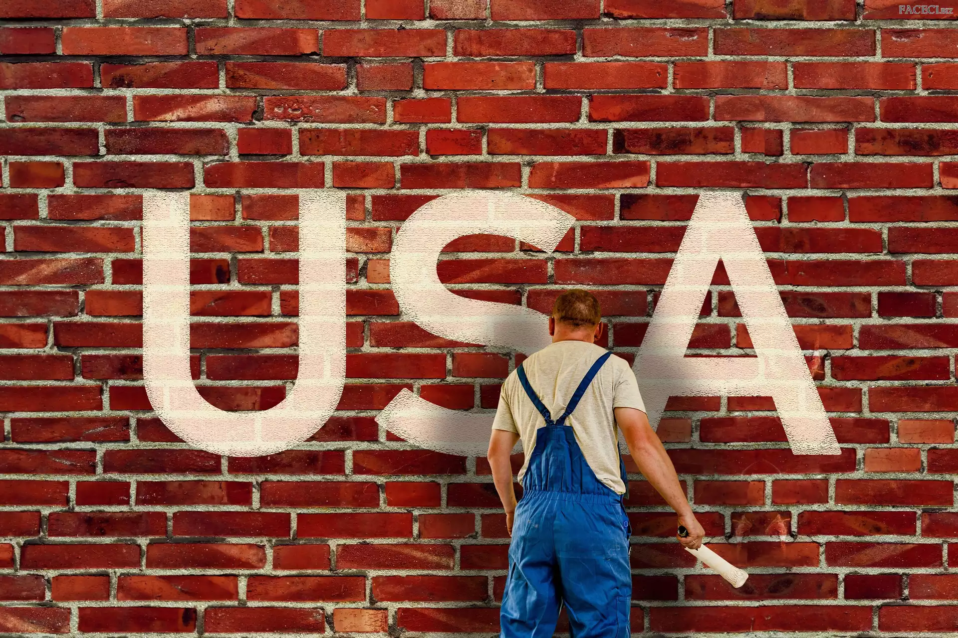Mężczyzna, USA, Cegły, Ściana, Napis