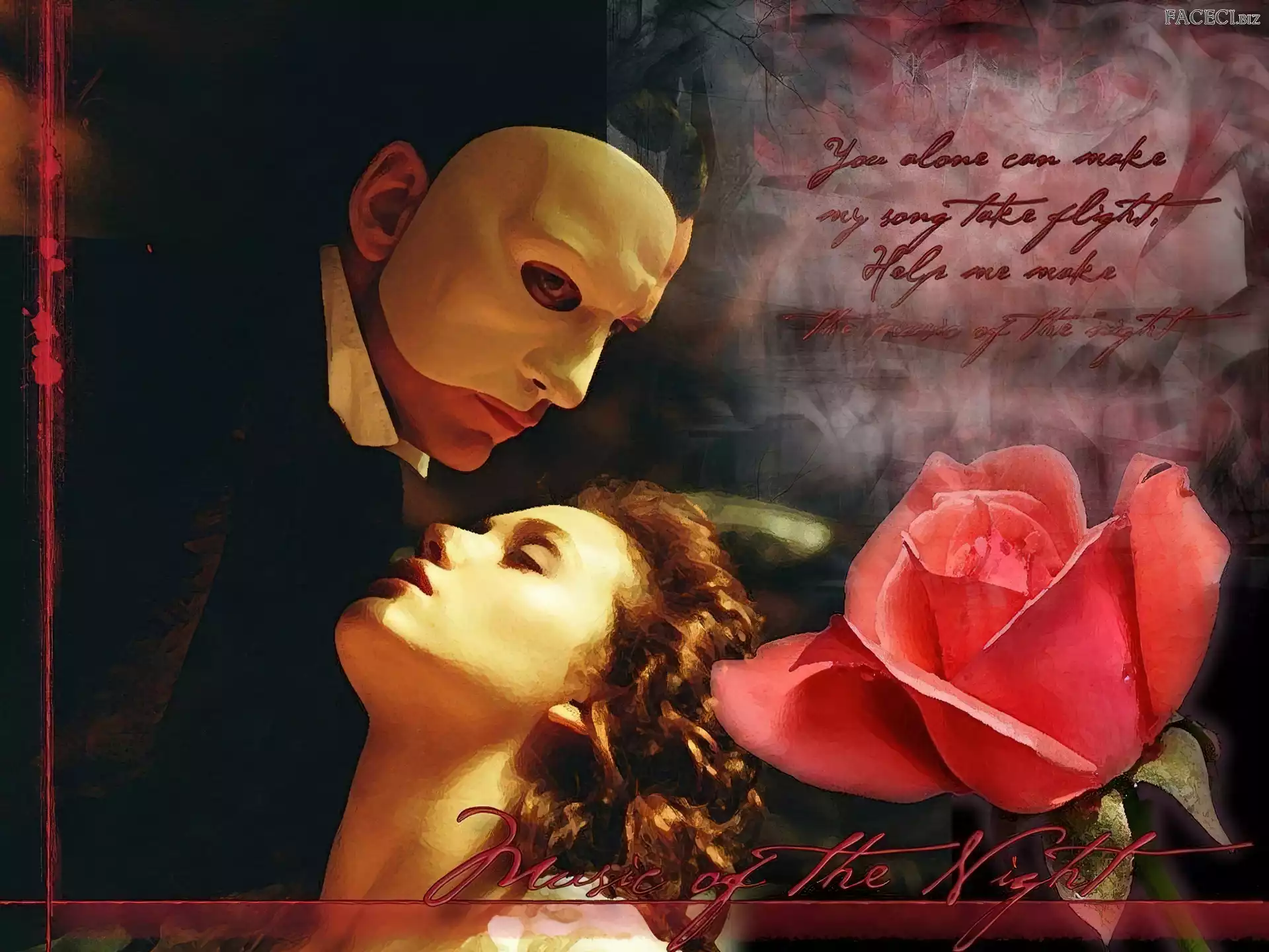 Gerard Butler, róża, napis, maska, Phantom Of The Opera, Emmy Rossum