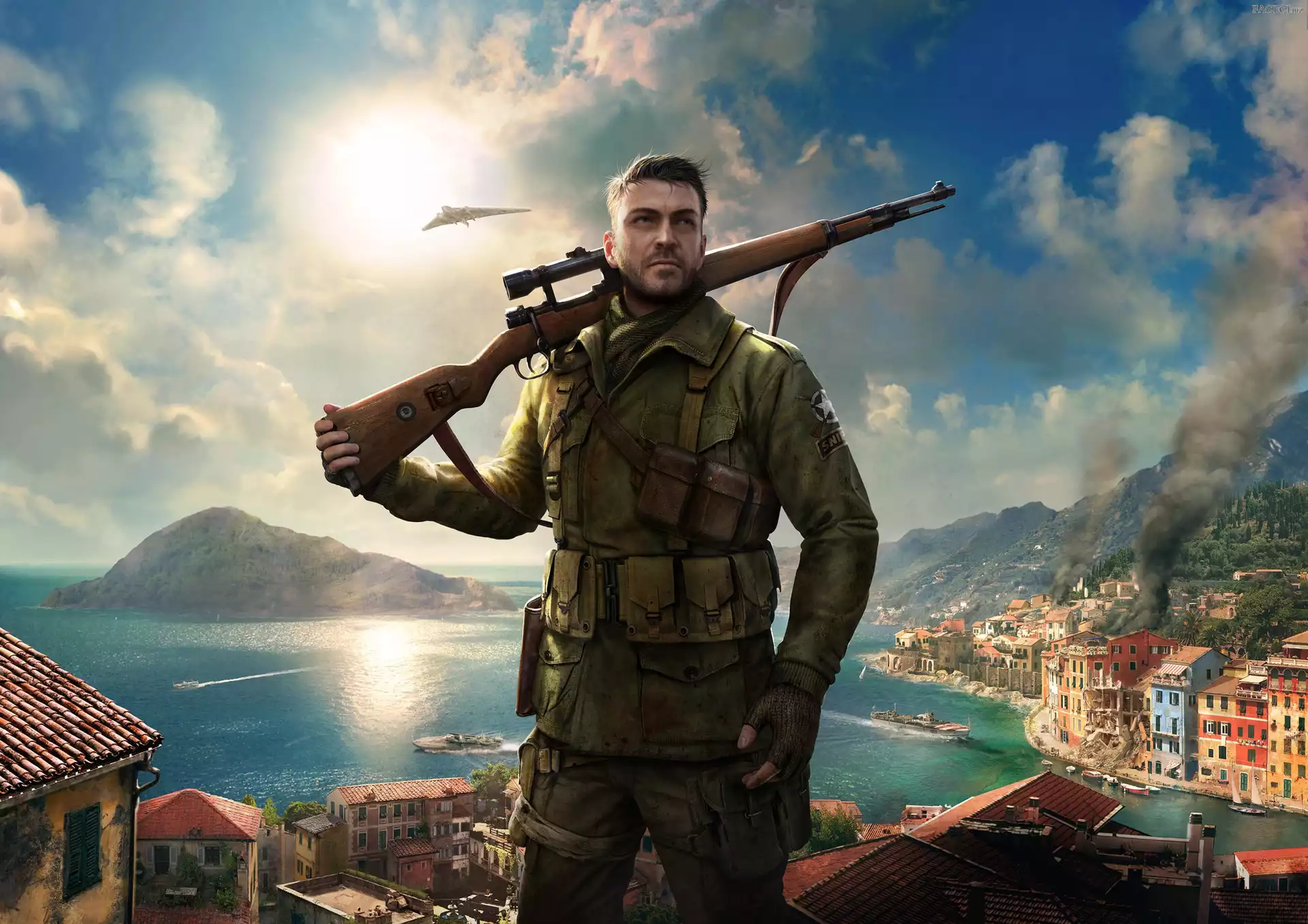 Dym, Miasto, Sniper Elite 4, Statki, Samolot, Karabin, Żołnierz, Słońce